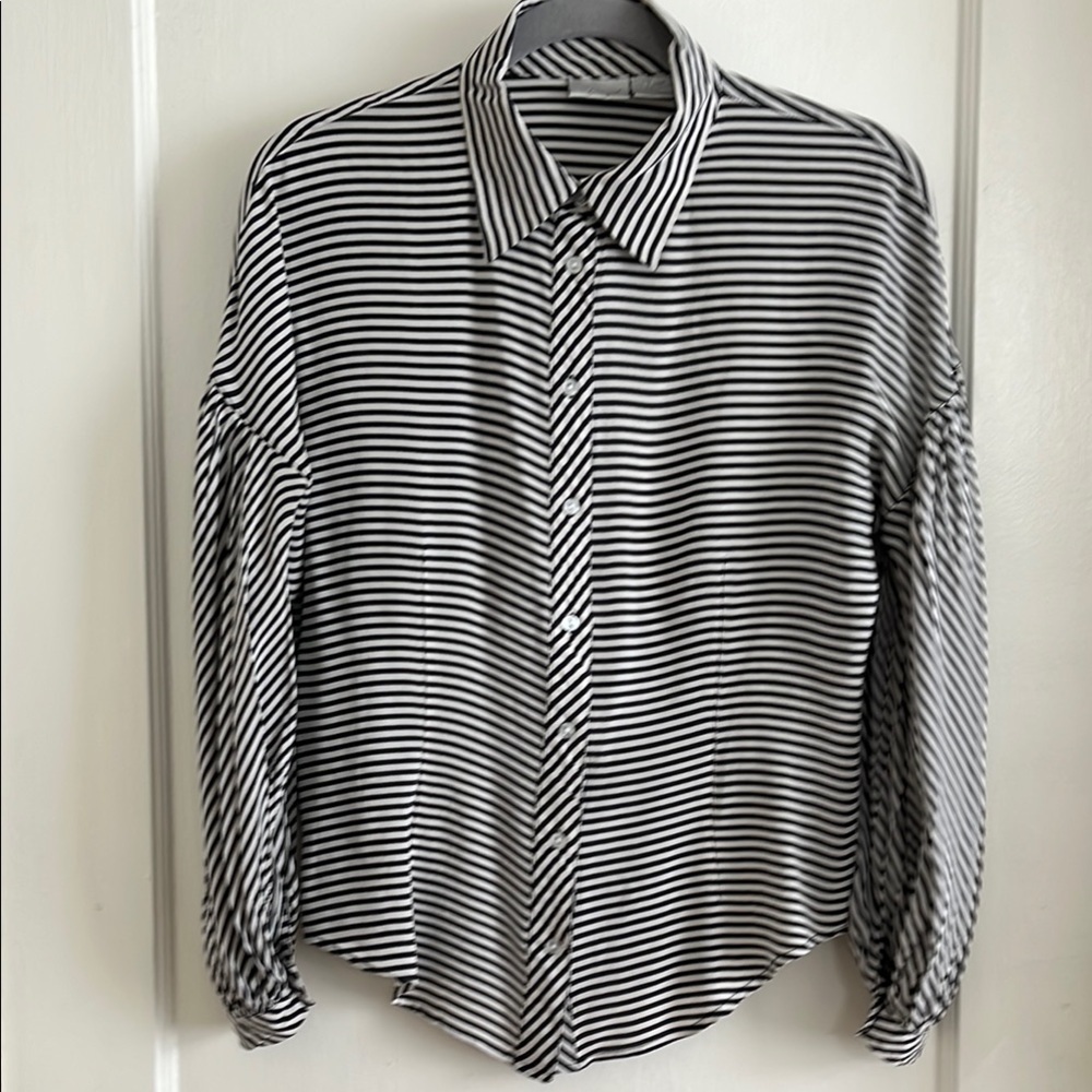 Vintage Spiegel 100% Silk Balloon Sleeve Blouse Black & White Stripe Size 10